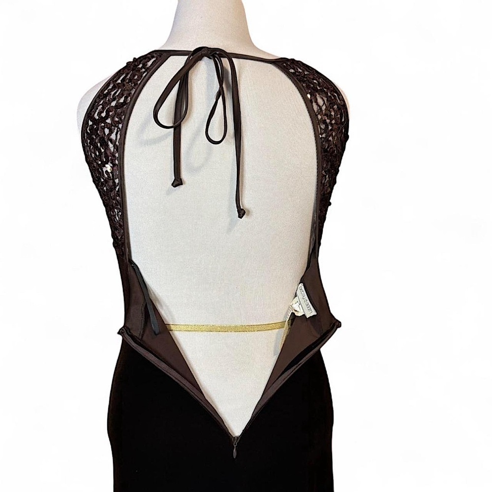 Y2K Betsy & Adam Sequin Lace Maxi Dress Sz 9/10 Black Velvet Open Back Prom - Picture 5 of 8